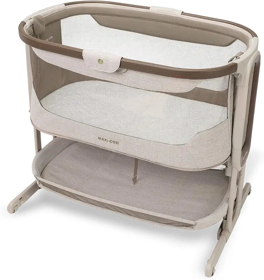 Maxi Cosi Iora Select Baby Stubenbett, 0–6 Monate (9 kg), Faltbares Beistellbett Schaukelnd/Schaukelbett, CloudCore-Matratze 3 cm, 5 Höhenstufen, 4 Leichtgängige Rollen, Easy Slide, Elegance Truffle
