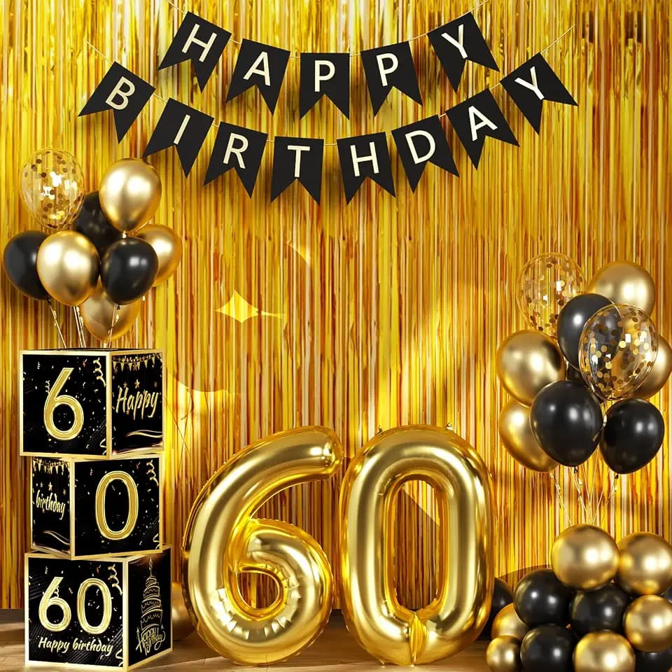 60th Birthday Decorations for Men Women, Black Gold 60th Birthday Party Decorations Boxes Party Favors, 60 Birthday Banner Kit, Tassel Curtain, 60 Year Old Bday Decoration Box 60th Party Decor