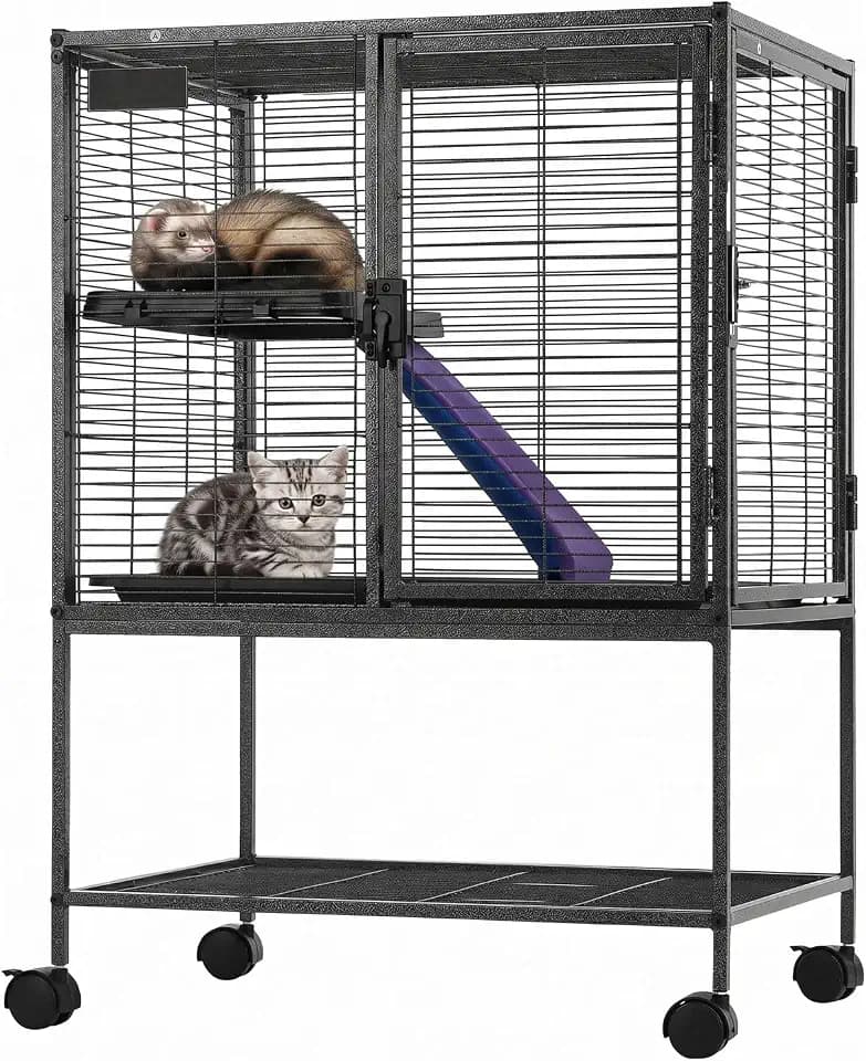 VEVOR Metal Small Animal Cage 34.06"H 2-Tier Rolling Ferret Cage On Wheels, 0.55" Wire Spacing Large Cages with Ramp, Tray, Bottom Shelf, Doors for Ferret, Chinchilla, Sugar Glider, Guinea Pig, Rabbit