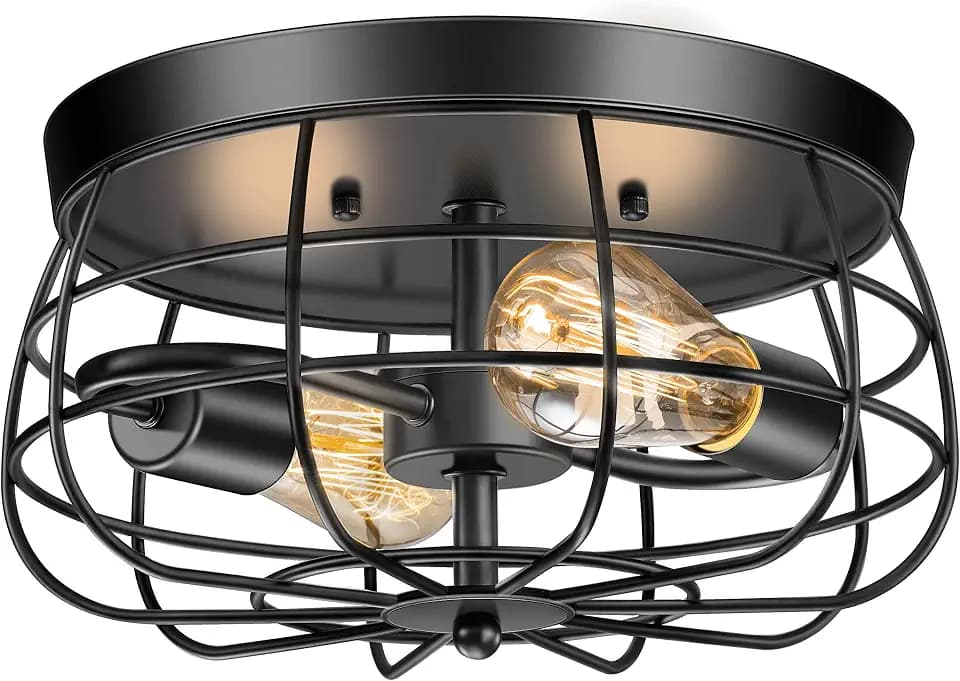 Lomoky 2-Light Farmhouse Ceiling Light Fixtures, Industrial Hallway Light, Vintage Black Metal Cage Ceiling Lamp for Living Room, Kitchen, Bedroom