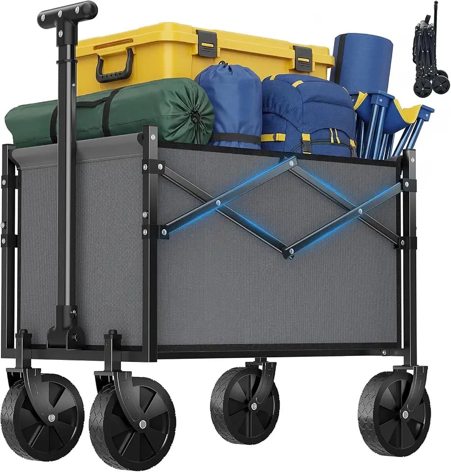 OLIXIS Collapsible Wagon Cart with Wheels 220 lbs Capacity, Heavy Duty Mini Foldable Portable Wagon with Adjustable Handle, Small Foldable Cart for Camping, Garden, Sports, Beach, Shopping - Grey