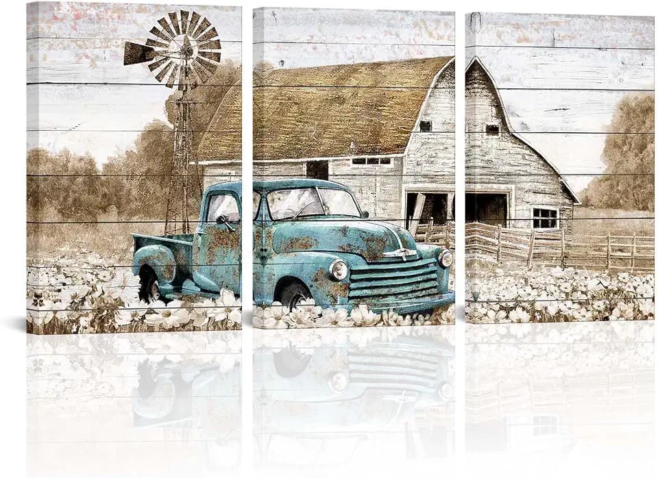 Apicoture Farmhouse Wall Art Countryside Barn Canvas wall Decor Country Landscape Paintings Teal Barn Windmill Farm Truck Wall Decor 16x24x3Panels (Teal)