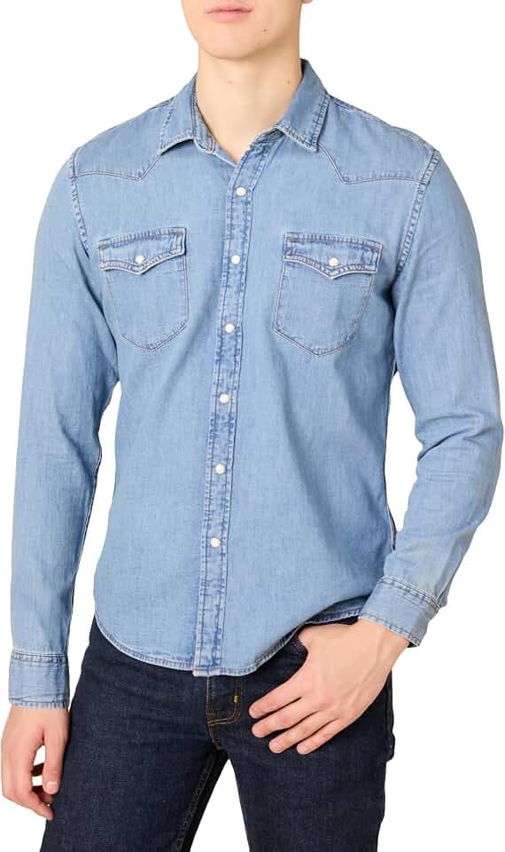 Amazon Essentials Herren Slim-Fit-Jeanshemd Mit Langen Ärmeln Und Druckknöpfen