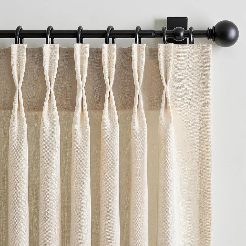 Beige 105 Inch Length Pinch Pleated Linen Curtains 2 Panels Set