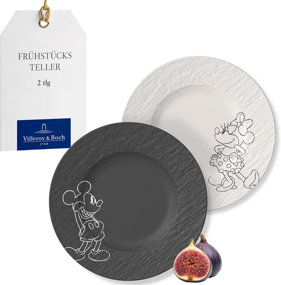 Villeroy & Boch Manufacture Rock – Mickey Mouse – Frühstücks-/ Dessertteller, 2-teilig, schwarz/weiß, spülmaschinenfest & mikrowellensicher, Schieferoptik mit Mickey Mouse Dekor, Premium Porzellan