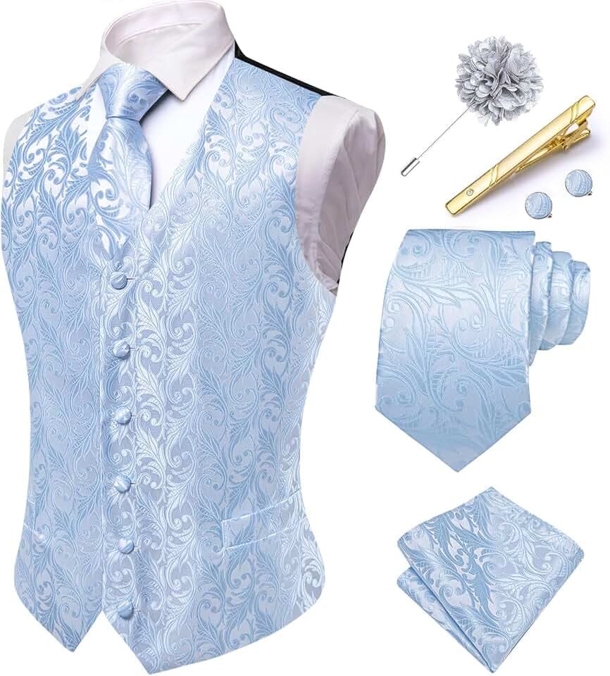 Hi-Tie Herren Paisley Anzugweste, formelle Jacquard-Seide, Weste und Krawatte, Reversnadel, Einstecktuch, Set für Hochzeit, Smoking
