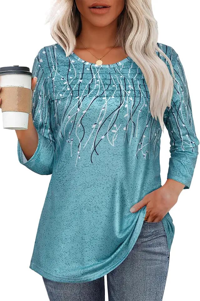 3/4 Length Sleeve Womens Tops Pleated Dressy Casual T Shirts Tunic Blouses