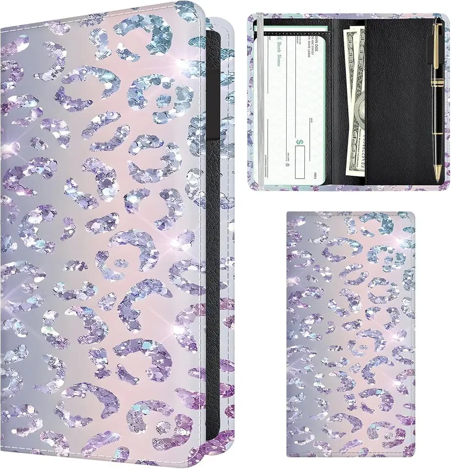 Checkbook Cover for Personal Checkbook, Cute PU Leather Check Book for Women & Men, Slim Checkbook Holder with Pen Holder and Built-in Clear Plastic Divider Pastel Leopard