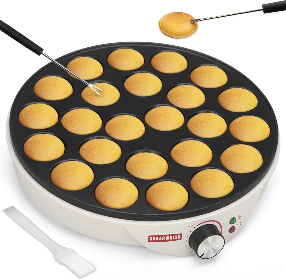 SugarWhisk 24-Fach Mini-Pfannkuchen-Maschine, Elektrische Aebleskiver- und Poffertjes-Herstellungspfanne, Dänische Pfannkuchen-Maschine, Cake-Pop-Hersteller, Holländische Pfannkuchen-Maschine, weiß