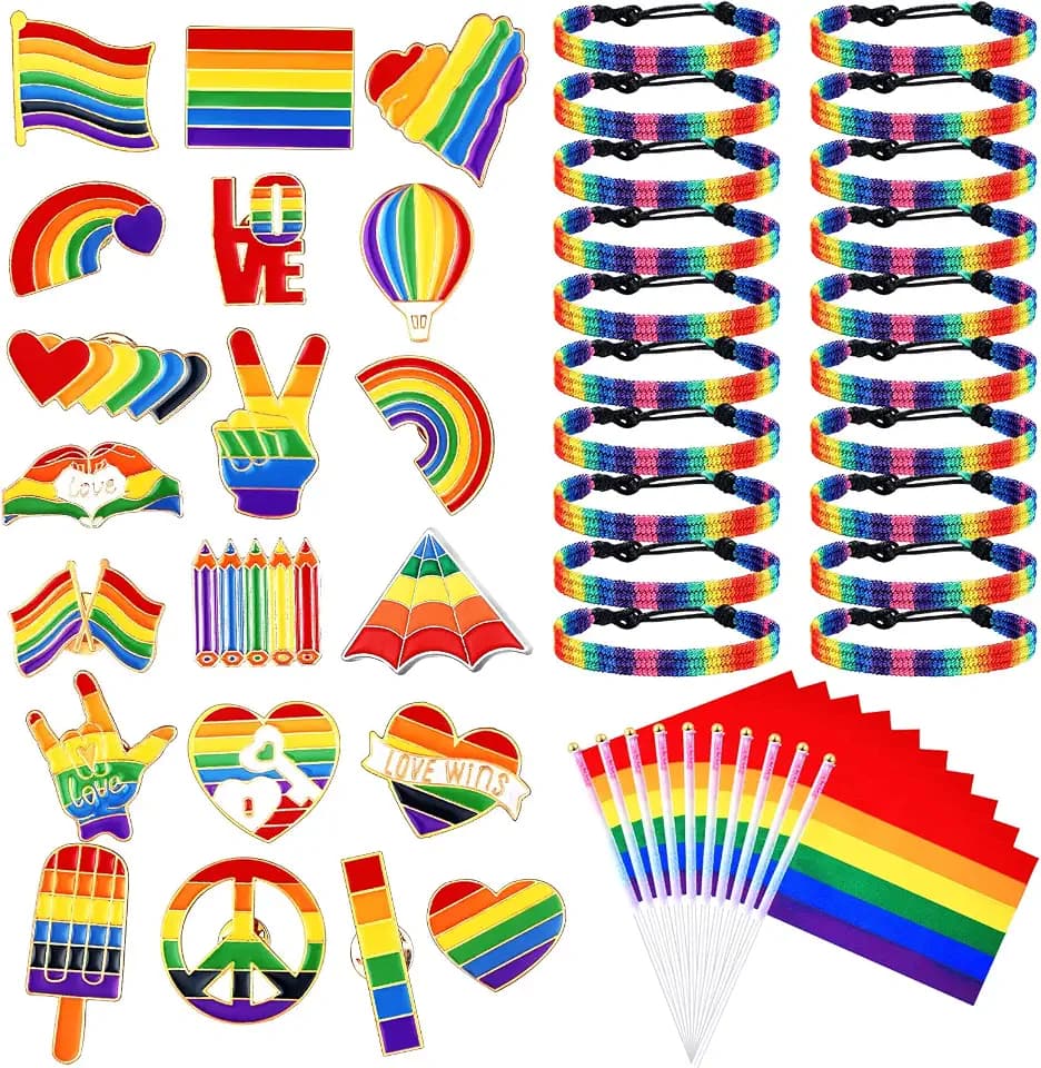 Junkin 80 Pcs Pride Flags Bulk Rainbow Pride Pins Bulk LGBT Lapel Pins Gay Flag Brooch Pins with Rainbow LGBT Pride Bracelet and Pride Hand Held Flag for Clothes Bags Accessories Gifts