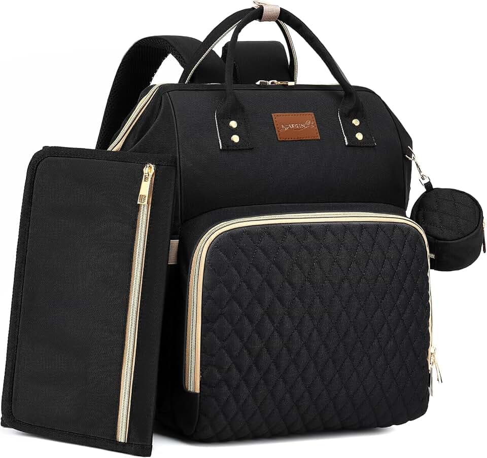 ROSEGIN Diaper Bag Backpack with Changing Pad Pacifier Case, Baby Bag for Boy Girl Toddler - Large,Stylish, Waterproof Travel Quilted Diaper Bag for Mom - Baby Shower Gifts, Black