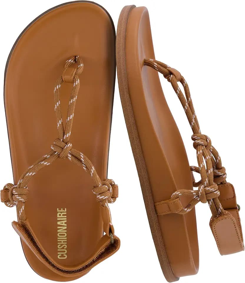 CUSHIONAIRE Era Rope Thong Strappy Sandals for Women, Flat Minimalist Sandals Women Footwear with Adjustable Ankle Support