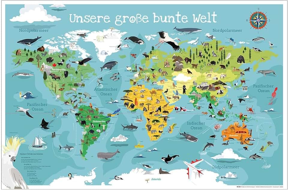 Close Up Kinder-Weltkarte XL Poster - Unsere große Bunte Welt in 61 x 91,5 cm - handgezeichnete und colorierte Kinder-Weltkarte