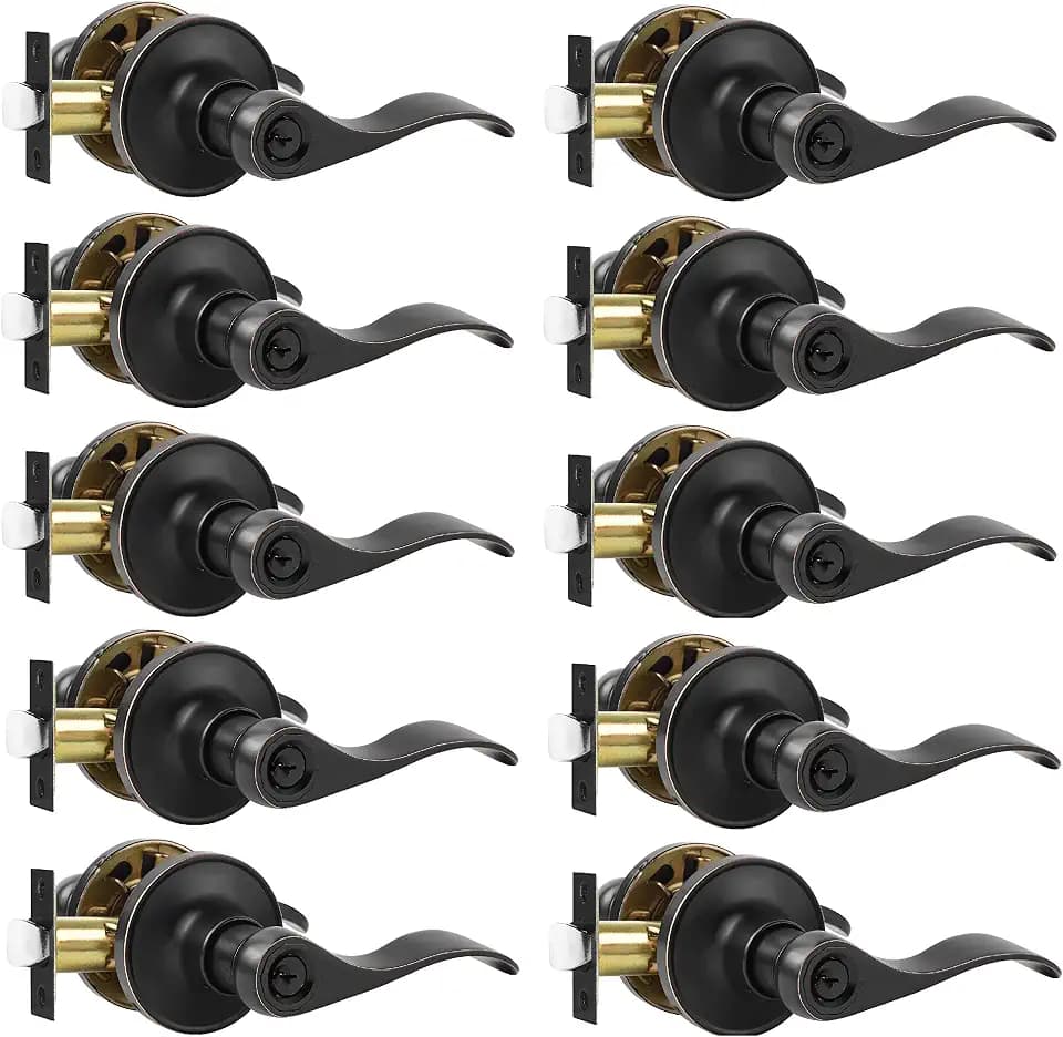 Leydebong 10 Pack Door Knob with Lock, Keyed Alike Door Handles, Entry Door Lock, Wave Style Door Levers, Universal Handing, Drop Lever Shape,Finish in Oil Rubbed Bronze