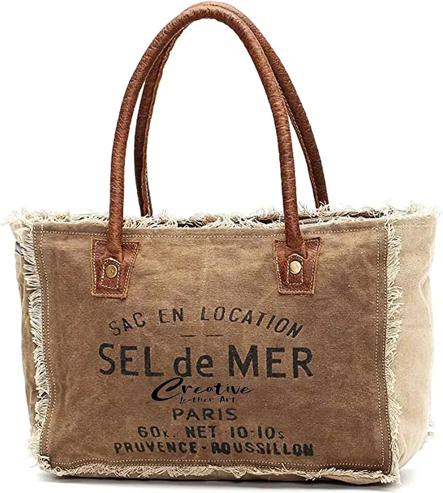 CREATIVE LEATHER ART Upcycled Canvas Tote Bag with Genuine Leather Handles - Vintage SEL de MER Shoulder Bag (13x5x10 in)
