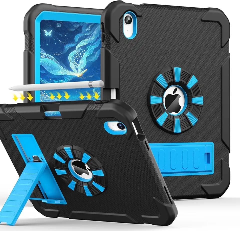 for iPad A16 Case 11th Generation 11 Inch 2025/ iPad 10th Generation Case 10.9 Inch 2022, Heavy Duty Military Grade Shockproof Cover with Pencil Holder for i Pad 11/10, Black+Blue