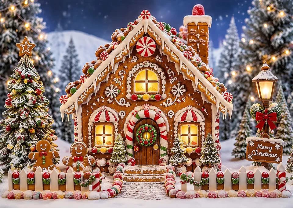 Christmas Gingerbread House Backdrop 10x8ft Winter Snowy Photo Background