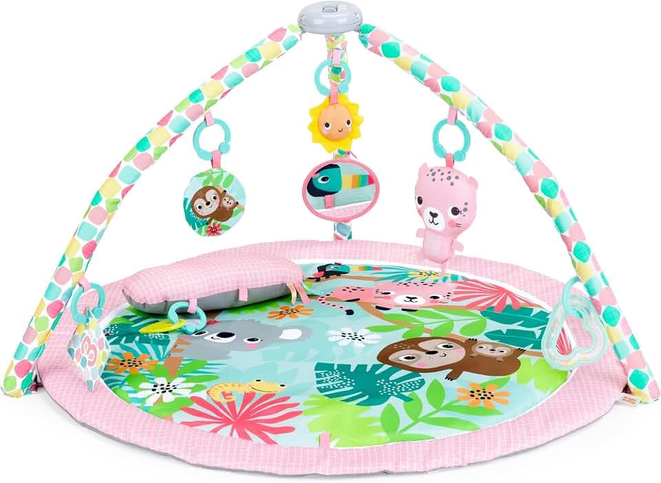 Bright Starts Rosy Rainforest Foldaway Activity Gym with Carry Bag for Storage & Travel, Pink Play Gym, Newborns & Up