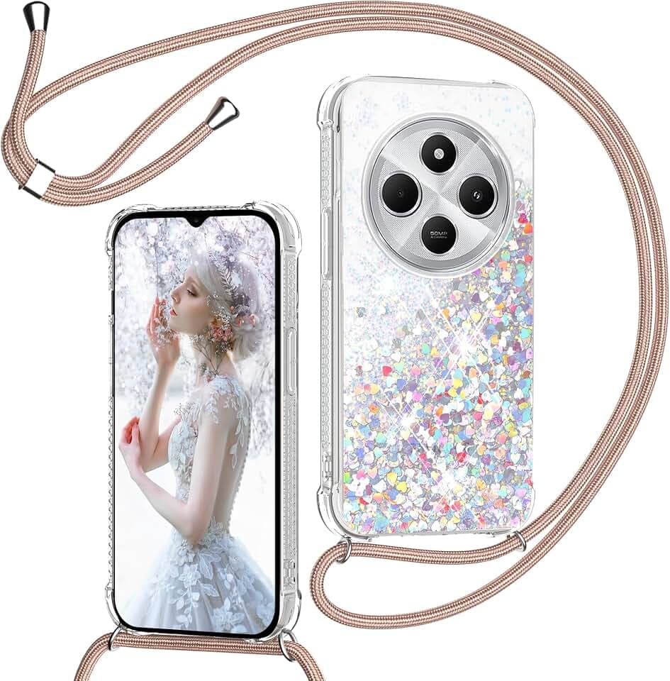 TUUTPU Handyband für Xiaomi Redmi 14C Hülle mit Band, Glitzer Treibsand Handyhülle mit Kordel zum Umhängen Transparent Stoßfest Schutzhülle mit Kette Schnur, Quicksand Necklace Case in Roségold