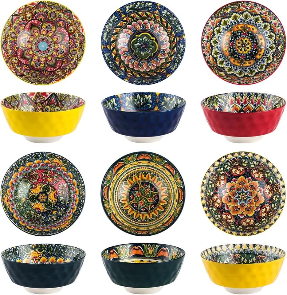 Henten Home Salatschüsseln, 6 Stück Schale Bunt Keramik - 750ml, Schalen & Schüsseln für Muesli | Pasta | Salat | Suppe | Cornflakes | Frühstück, Tafelservice Böhmischer Stil