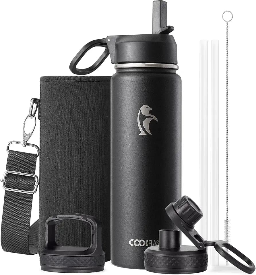 Coolflask Isolierte Edelstahl-Trinkflasche 591 ml mit Strohhalm, 3 Deckel