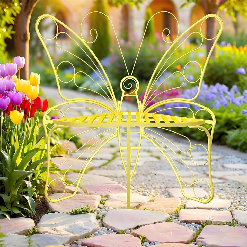 Butterfly Shaped Outdoor Bench, Golden Yellow Garden Bench with Sturdy Stable Metal Frame, Outdoor Metal Chair Butterfly Bench for Garden, Yard, Balcony, Lawn.(Golden Yellow/Small)