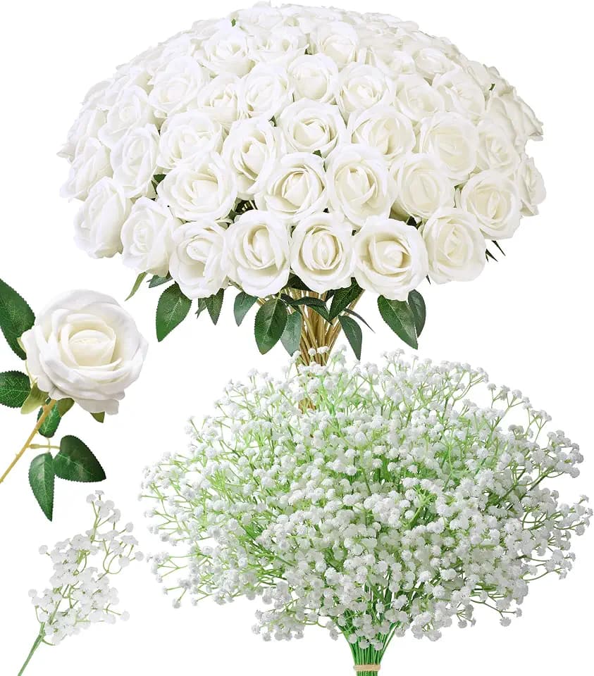 50 PCS White Roses Artificial Flowers with Babys Breath, Fake Roses with Stem Realistic Silk Rose for DIY Wedding Bouquets Table Centerpieces Baby Shower Birthday Home Decor Valentines Day for Her