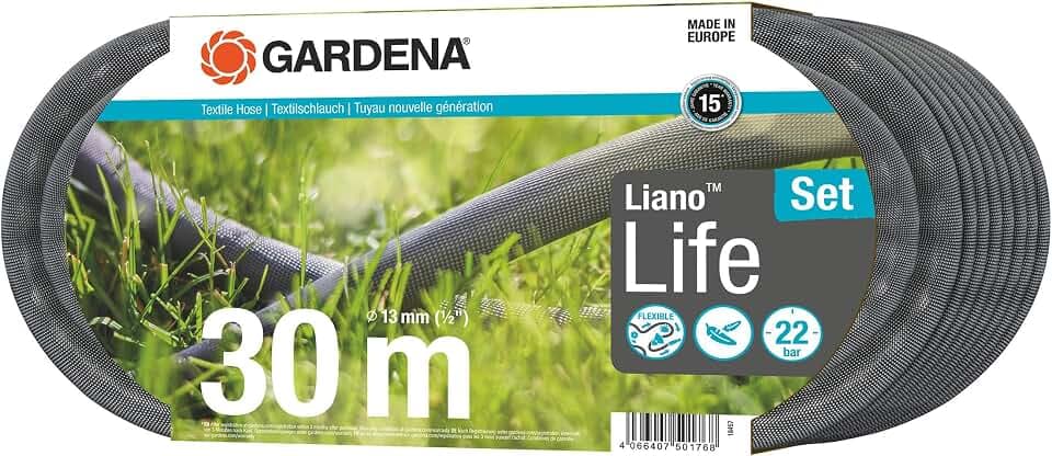 Gardena Liano Life Textilschlauch 1/2 Zoll, 30m Set: Hochflexibler Gartenschlauch aus Textilgewebe, mit PVC-Innenschlauch, kein Abknicken, leichtgewichtig, wetterbeständig (18457-20)