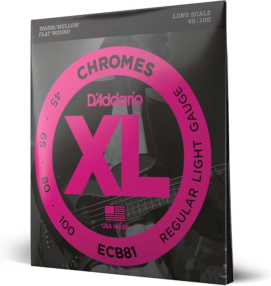 D'Addario XL Chromes Flatwound Bass Guitar Strings -.045-.100 Regular Light, Long Scale
