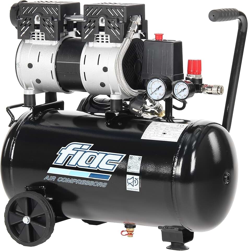 FIAC Geräuscharmer Mobiler Luftkompressor SUPERSILENT 24, Ölfrei, Maximaler Druck 8 Bar, 1 PS, 24-Liter-Tank, Geräuschpegel 58 dB LpA