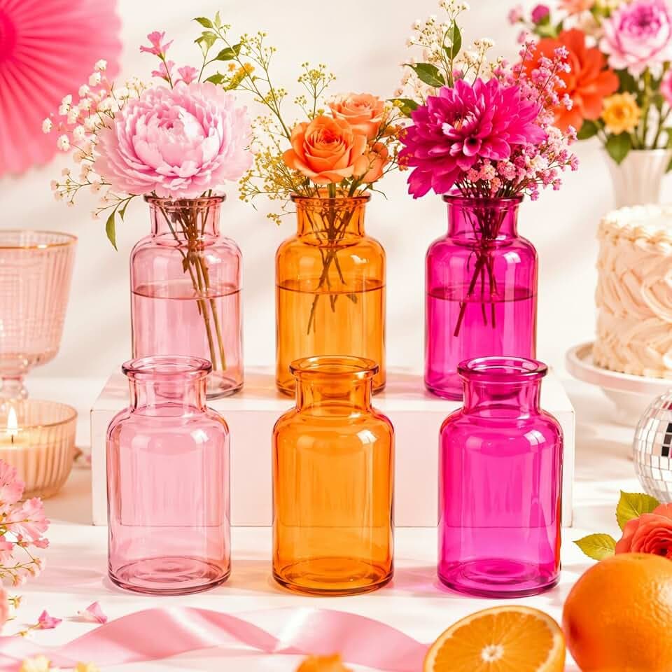 6 Pack Colored Glass Bud Vases, 6.5" Small Mason Jars for Centerpieces, Orange & Pink Vintage Flower Vases with Jute Twine for Tequila Themed Bachelorette Party, Wedding, Home Decor