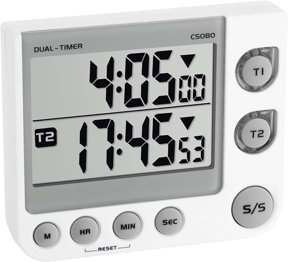 TFA Dostmann Digitaler 2-Fach Timer, 38.2025, mit Memory-Funktion, 3 Lautstärke Stufen, LED-Warnlicht, Eieruhr, Küchentimer, für Klausuren oder Schularbeiten, weiß