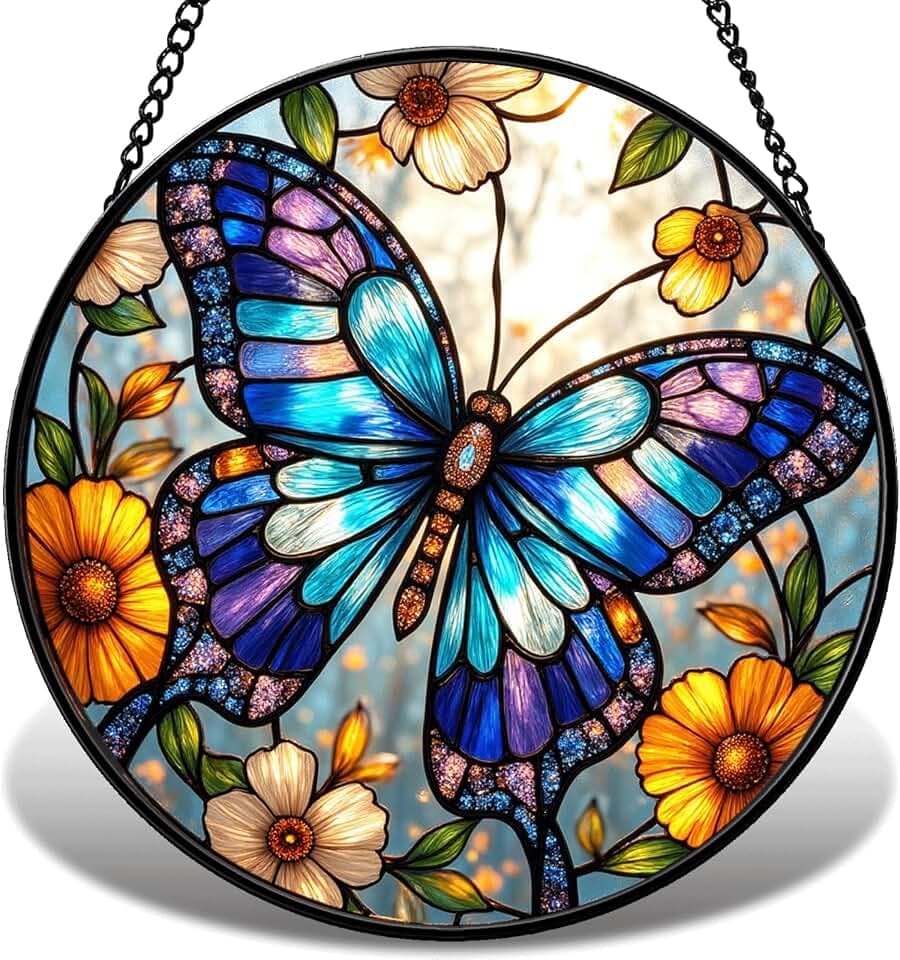 Butterfly Stained Glass Suncather for Window Hanging (Blue, 9'')