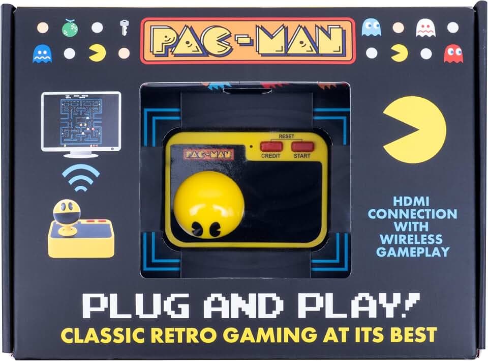 Fizz Creations PAC-MAN Plug & Play Retro Gaming Arcade Game Wireless Controller Included HDMI Cable Classic Pac Man Gameplay