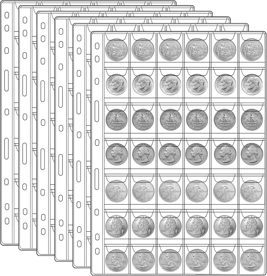 1050 Pockets Coin Sleeves, 25 Sheets Coin Holders for Collectors Plastic Coin Collection Supplies 9 Hole Binder Pages for Penny, Nickel, Dime, Quarter(42 Pockets)