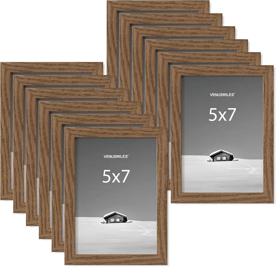 Venusmiles 5x7 Picture Frame, Display 5x7 Photo Frames - High Definition Plexiglass - Vertical and Horizontal Display - Wall Hanging or Table Top Frame - Walnut Color, 12 Pack