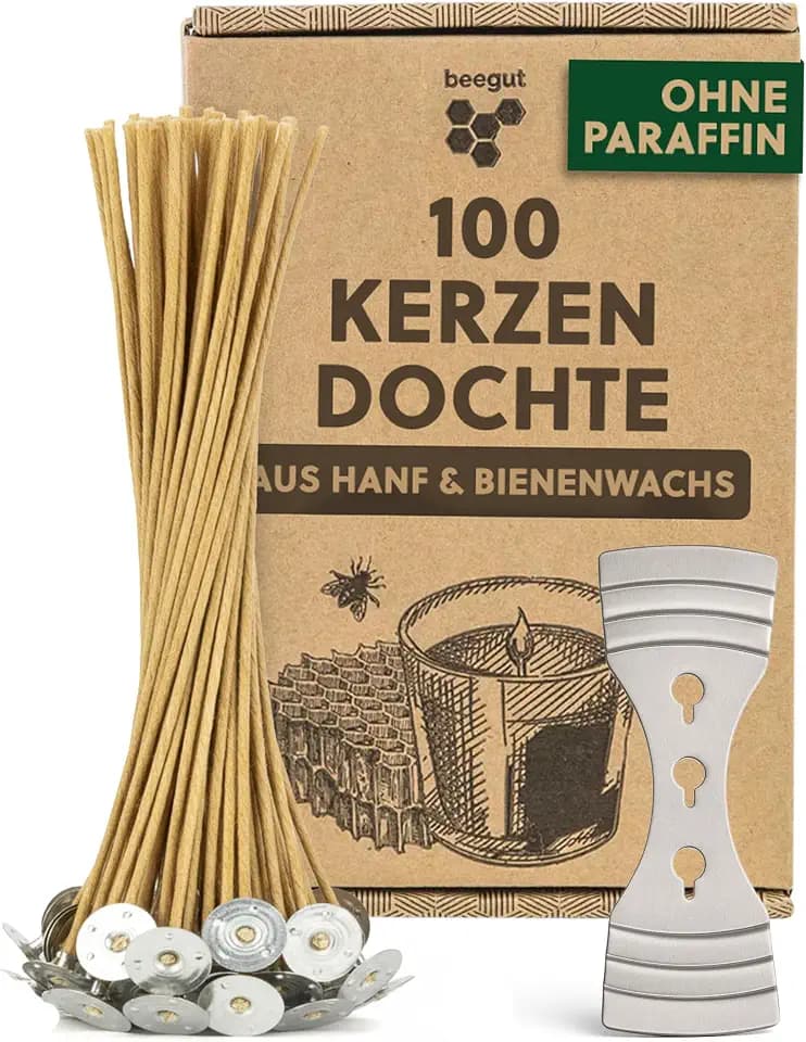 beegut 100 nachhaltige Kerzendochte für Kerzen (10 cm) aus Hanf & natürlichem Bienenwachs, ohne Paraffin, rußfrei, im praktischen Kerzendocht Set mit Docht Halter – ideal zum Kerzen Selber Machen