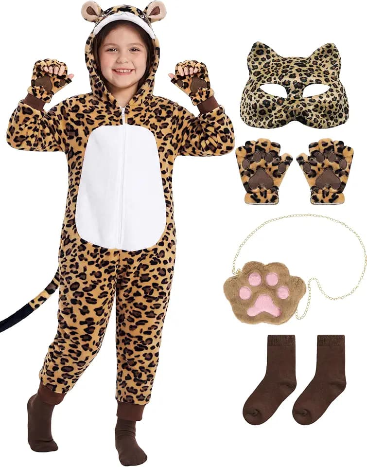 AOTHSO 5 Pieces Cheetah Halloween Costume Set Flannel Jumpsuit, Gloves, Leopard Mask, Brown Plush Bag, Cotton Socks