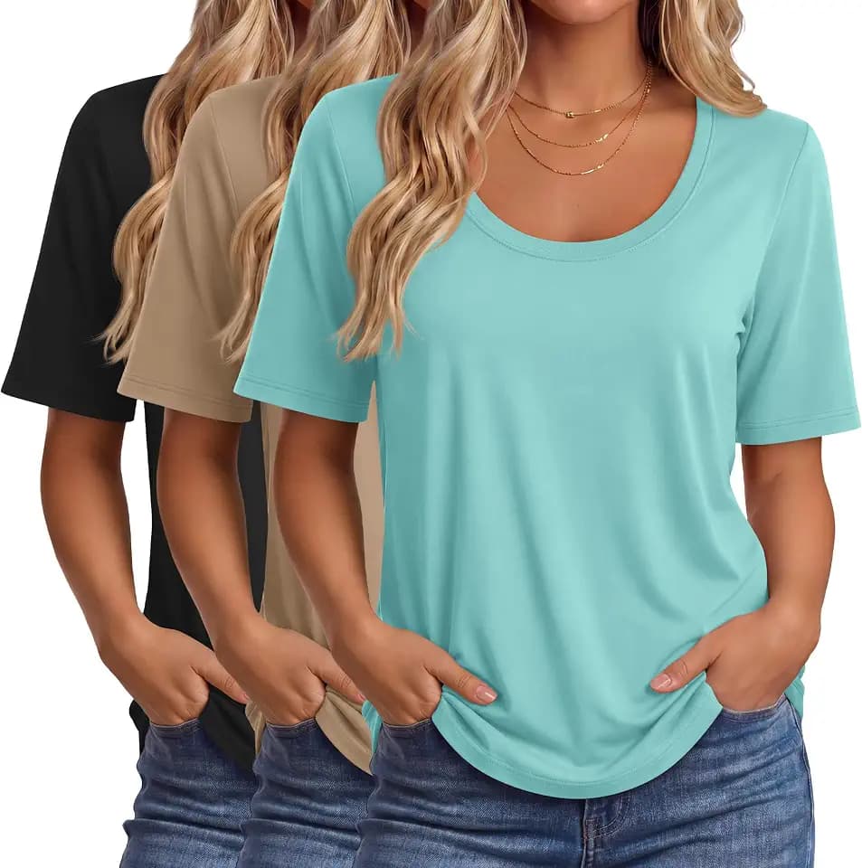 Ficerd 3 Pack Womens Half Sleeve Tops Scoop Neck T-Shirts