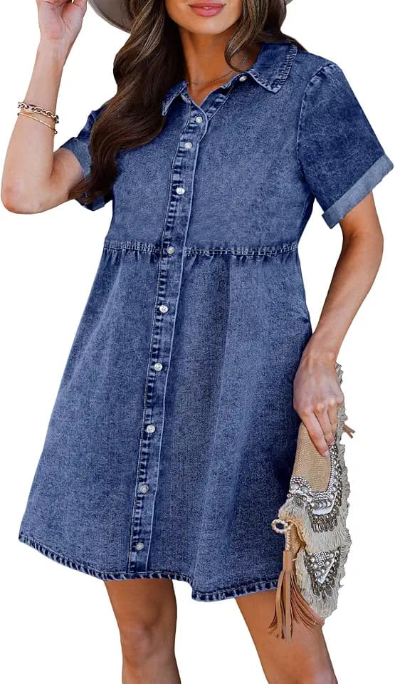 luvamia Women's Casual Short Sleeve Button Down Tiered Denim Babydoll Jean Dress