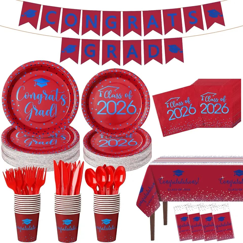 355Pcs Red and Blue Graduation Decorations Set ,2026 Graduation Party Supplies Serves 50,Includes Congrats Grad Banner Paper Plates Cups Napkins Tablecloths Tableware for Class of 2026