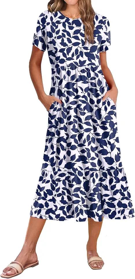 Zeagoo Women Summer Midi A Line Dress Short Sleeve Casual Flowy Tiered Beach Long Sundress with Pockets 2026 Vacation Travel