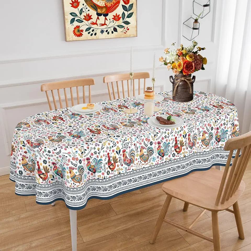 Oval Farmhouse Tablecloth 54×72 inch Rooster Table Cloth Blue Tablecloths Farmhouse Decorations for Dining Room Coffee Table Outdoor Picnic
