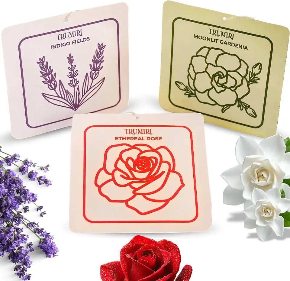Long Lasting Car Air Freshener Deodorizer Hanging Type Gel Based Scent Diffuser - Variety Pack Of 3 - Indigo Fields|Ethereal Rose|Moonlit Gardenia - Aromatizante Ambientador Olores Para Carro