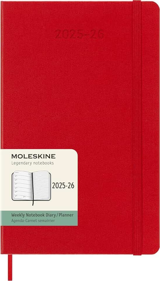 Moleskine Wochen-Notizkalender 2025-2026, 18-Monats-Wochenplaner mit Notizplatz, Harte Einband und Gummiband, Großformat 13 x 21 cm, Scharlachrot