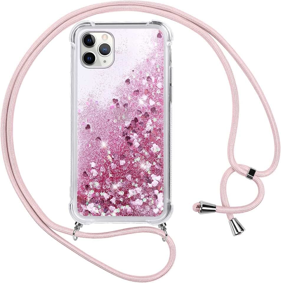 Vauki handyband für iPhone 11 Pro Hülle mit Band,Silikon Durchsichtig Transparent Flüssig Glitzer mit Kette Kordel Bumper Treibsand Necklace TPU Schutzhülle Case für iPhone 11 Pro,Rosa