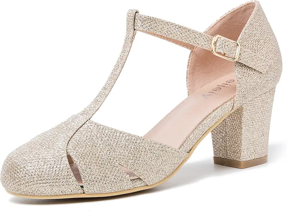 Women's T-Strap Block Heel Pumps, Ankle Buckle Closure, Classic Cut Out Round Toe Dress Shoes