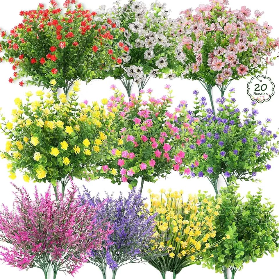 20 Bundles Realistic Artificial Flowers Bulk for Outdoors, UV Resistant