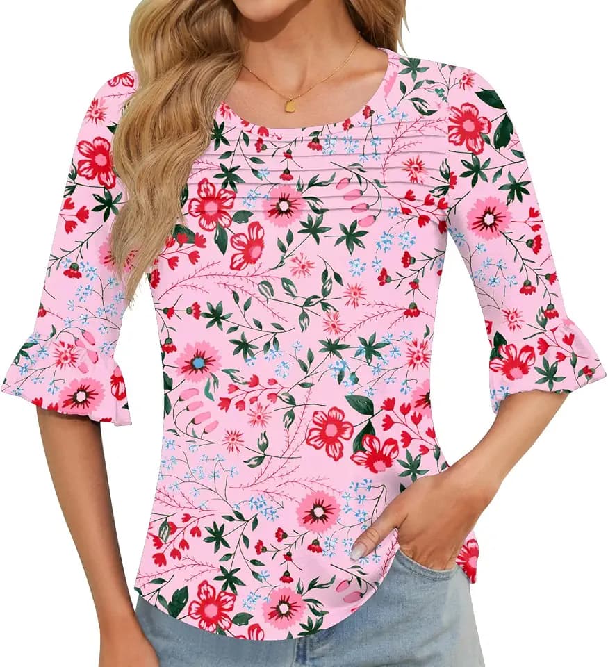Blingfit Womens Tops 3/4 Length Sleeve Dressy Casual Shirts Bell Sleeve Front Pleated Fasion Trendy Summer Blouses 2026