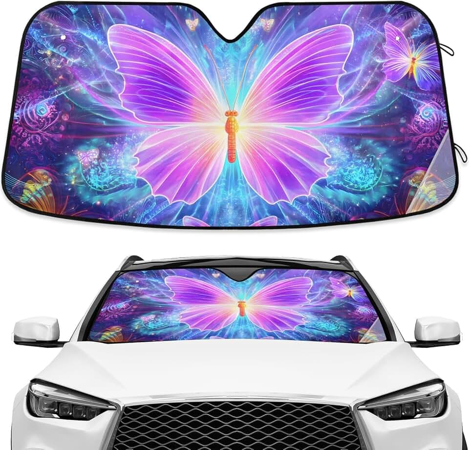 Purple Butterflies Windshield Sunshade Car Sun Shade Front Window Shade for Truck SUV Blocks UV Rays Sun Reflector Visor Protector Accordion Folding
